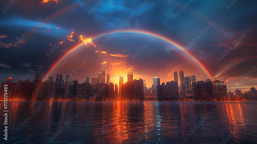 Naklejka premium A rainbow arching over a city skyline