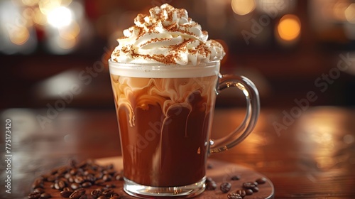 a creamy Irish coffee on a warm chestnut background, with a swirl of whipped cream and a sprinkle of nutmeg, in cinematic 8k resolution.