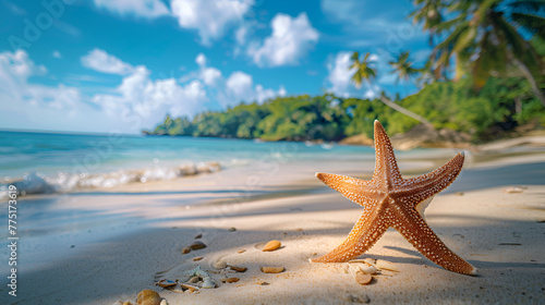 Beautiful beach background. Star fish  sea shell on white sand with palm tree  summer vacation background concept  ai generated