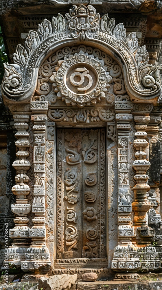 Hindu Om Symbol Adorning a Temple Entrance The sacred sounds representation blends into the structure