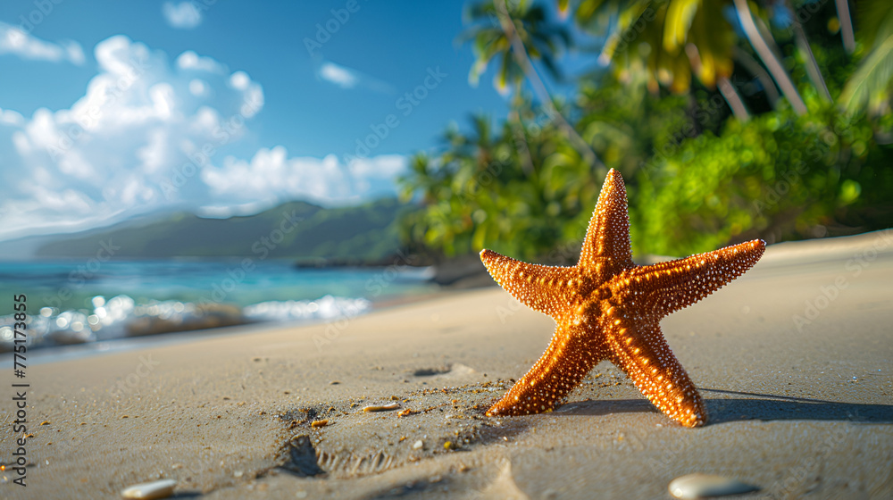 Beautiful beach background. Star fish, sea shell on white sand with palm tree, summer vacation background concept, ai generated