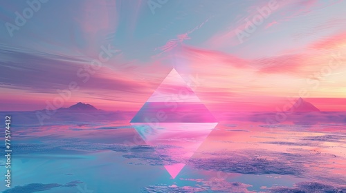 glass or crystal triangle iridescent with colour gradients on sky background