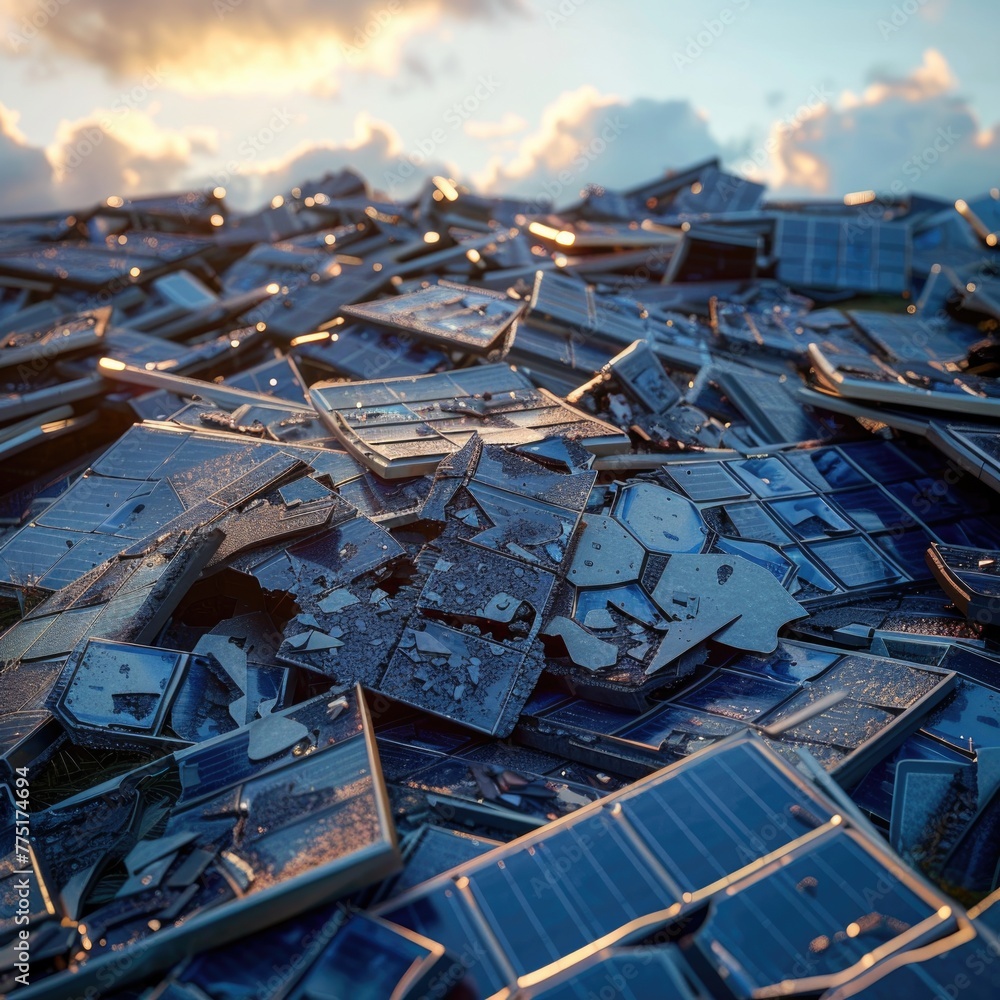 Image of a pile of broken solar panels, highlighting the issue of electronic waste in renewable energy, 3D illustration