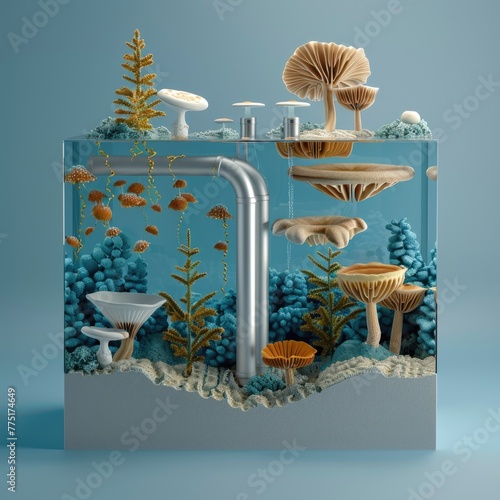 Illustration of fungi-based filtration system purifying water, showcasing eco-friendly technology, 3D illustration photo