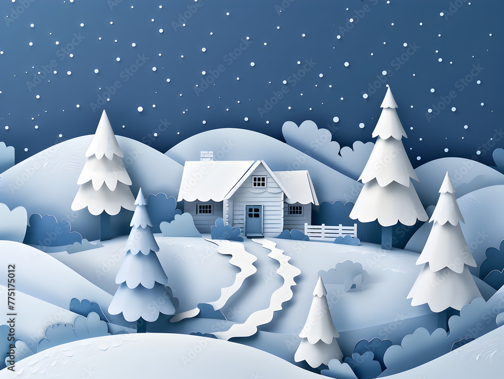 Blue White Winter Christmas Cut Paper Scene