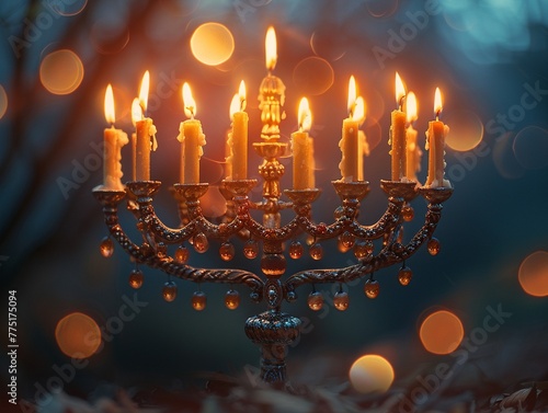 Jewish Menorah with Flickering Flames of Remembrance The soft light of the candles blurs photo