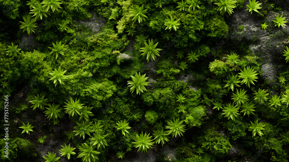 Lush Green Moss and Succulents Top View for Natural Backgrounds Lush Green Moss and Succulents Top View for Natural Backgrounds