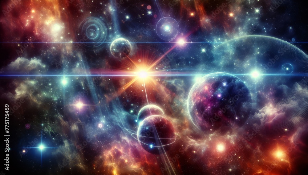 Space fantastic abstract background with stars, planets, flares. Outer space, photo wallpaper. Postcard for Cosmonaut Day. Planetarium. Mystery of interstellar space Space fantastic abstract background with stars, planets, flares. Outer space, photo wallpaper. Postcard for Cosmonaut Day. Planetarium. Mystery of interstellar space