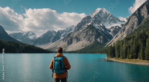 Back view of a man standing alone near a river and big mountains.