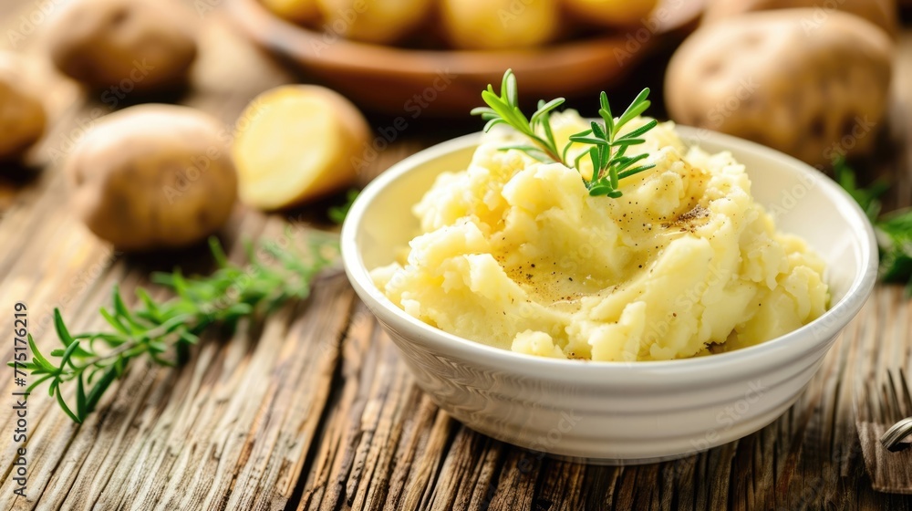 Creamy Mashed Potatoes in a White Bowl on Rustic Wooden Table. Perfect Vegetarian Dish for Healthy Cooking and Eating Creamy Mashed Potatoes in a White Bowl on Rustic Wooden Table. Perfect Vegetarian Dish for Healthy Cooking and Eating