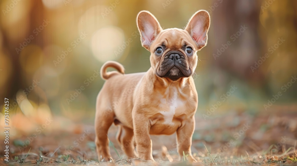 Curious French Bulldog Puppy: Cute and Serious Standing Alone for Closeup. Purebred Lilac and Tan Color