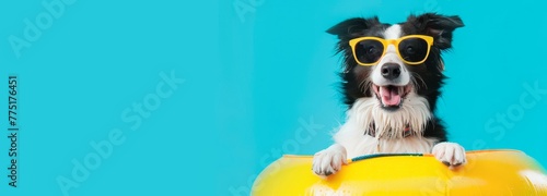 Happy dog in sunglasses with inflatable ring on blue background, banner for summer vacation concept. Space for text.