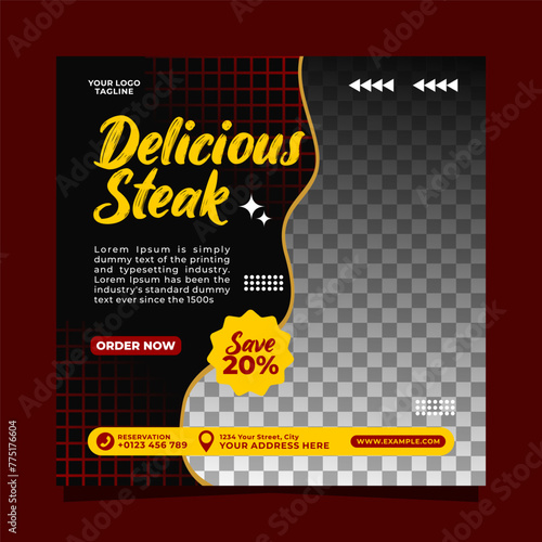 Delicious steak social media post banner square vector template