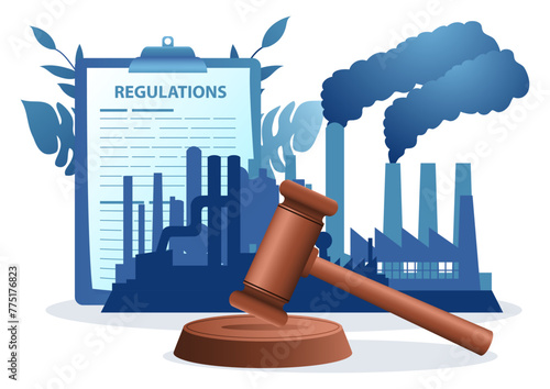 Gavel justice hammer with polluted factories in the background, carbon and emission regulation, pollution control concept