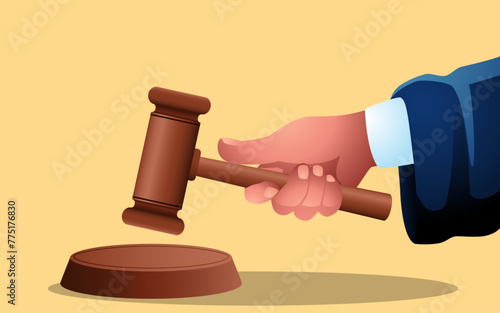 Judge's hand holds a gavel, symbolizing integrity of the judicial system, perfect for legal publications, educational materials, and presentations seeking to convey themes of law, order, and fairness