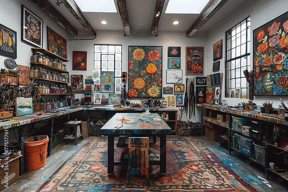 Eclectic artists studio with vibrant artwork and a variety of materialsup32K HD