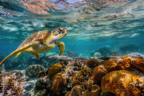 Exploring the South Pacific Underwater World: Green Sea Turtle and Colorful Corals in their Natural Habitat © Web