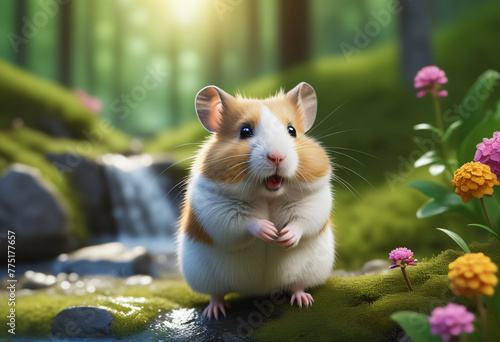Hamster standing by the river in the forest