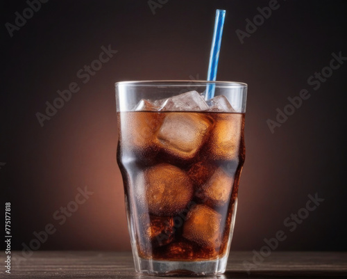 a glass of cola with ice and a black background