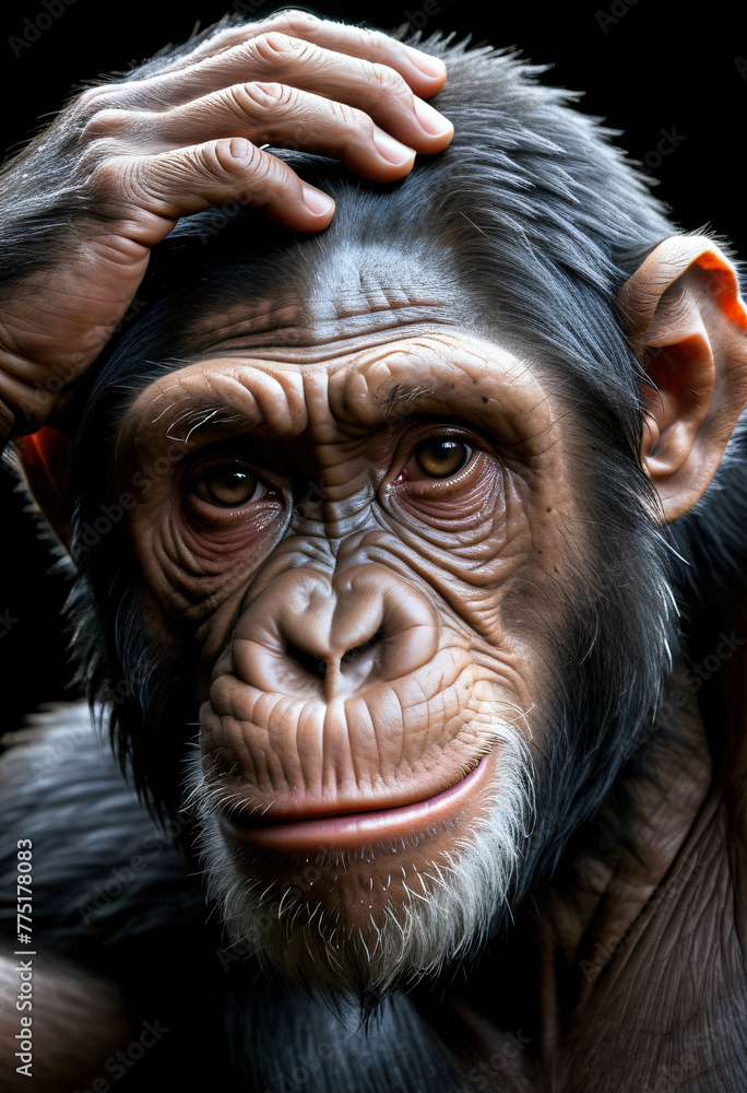 A chimpanzee holding its head with its hands