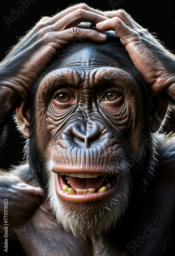 A chimpanzee holding its head with its hands