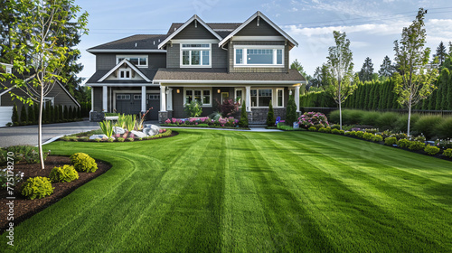 Upscale suburban home with an immaculate yard, lush green grass, and beautiful landscaping. photo