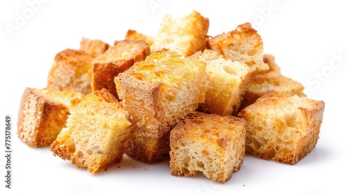 Golden Croutons. Isolated Baked Bread Croutons for Soup or Snack on Toast