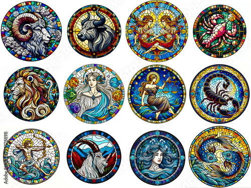 Celestial Mosaic:Stained Glass Zodiacs, 12 Heavenly Symbols Adorn in Each Individual Tile Circles (Aries, Taurus, Gemini, Cancer, Leo, Virgo, Libra, Scorpio, Sagittarius, Capricorn, Aquarius, Pisces)