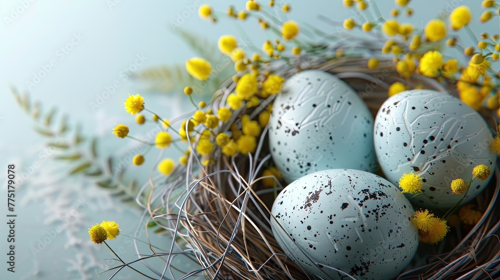 Happy Easter! Colourful eggs and mimosa flowers on nest on pastel blue background. Happy Easter! Colourful eggs and mimosa flowers on nest on pastel blue background.