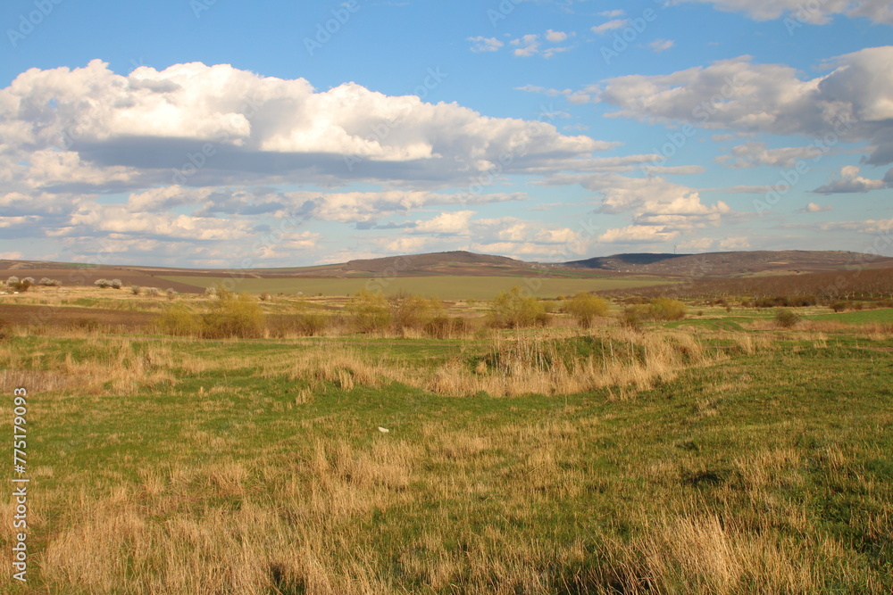 A grassy field with hills in the background A grassy field with hills in the background