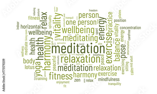 Meditation Day word cloud template. Health awareness concept vector background.