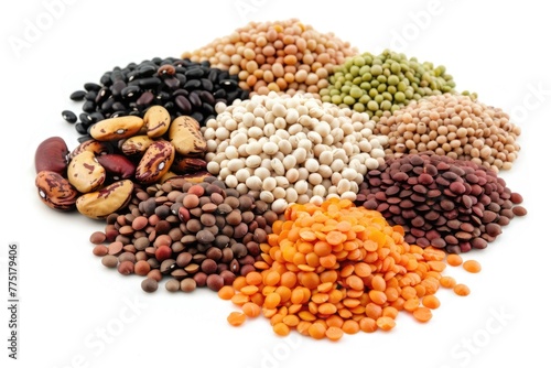 Group of Beans and Lentils: Isolated Legumes on White Background, Featuring Beluga, Brown, Red, Yellow Varieties
