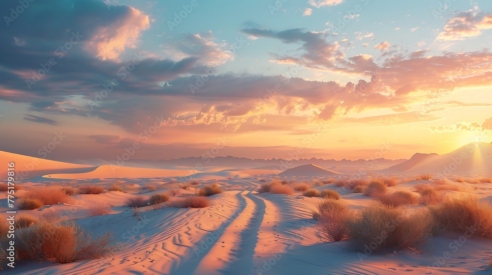 A sandy trail winding through desert dunes