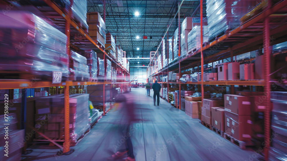 worker in warehouse managing boxes in motion blur,busy workflow of hardware store emplyess group of empolyess
