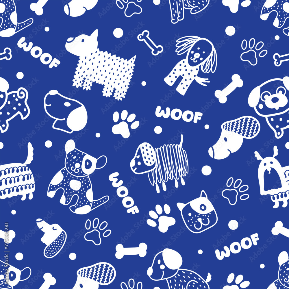 Cute doggie. Funny children's seamless pattern. Can be used in textile industry, paper, background, scrapbooking.Vector.
