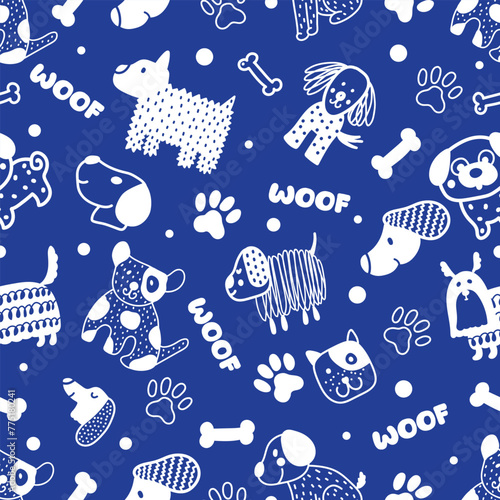 Cute doggie. Funny children's seamless pattern. Can be used in textile industry, paper, background, scrapbooking.Vector.