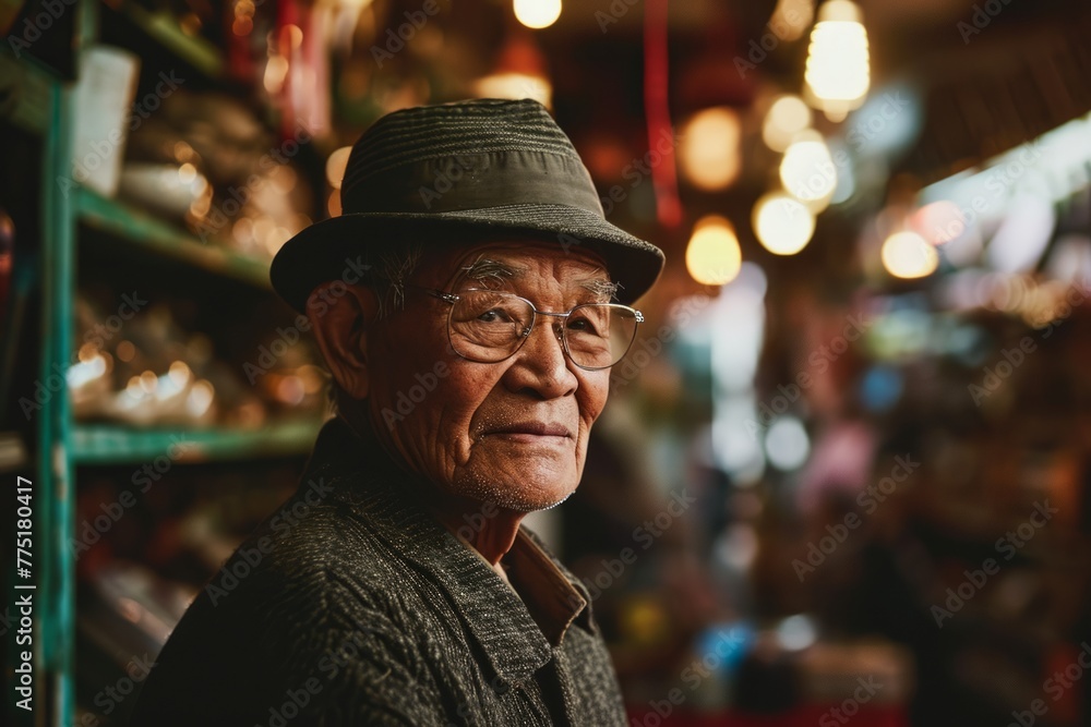 Portrait of an elderly Asian man wearing a hat and glasses standing in a market.