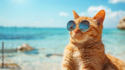 relaxing cat on the beaches of a wonderful ocean, carrying stylish sunglasses, summer day