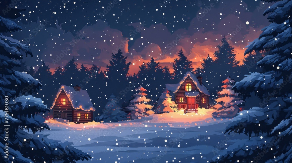 A snowy landscape with two small houses and a forest in the background. The houses are lit up, giving a warm and cozy feeling to the scene A snowy landscape with two small houses and a forest in the background. The houses are lit up, giving a warm and cozy feeling to the scene