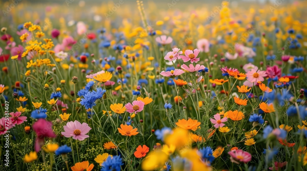 A field of flowers with a variety of colors including pink, blue, and yellow. The flowers are scattered throughout the field, creating a vibrant and lively atmosphere