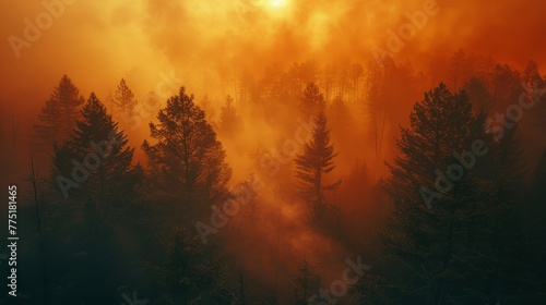 A forest with trees that are covered in smoke. The sky is orange and the sun is setting