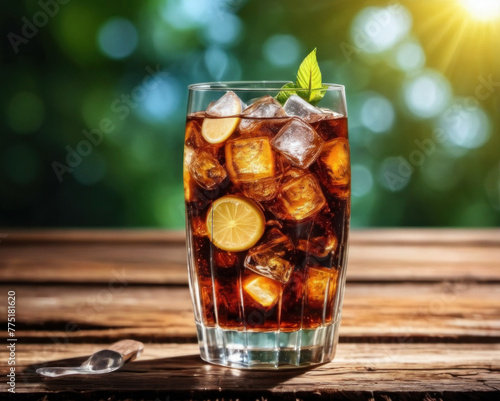 Glass of cola with ice and black background is suitable for beverage marketing, restaurant menus, food blogs, and summer drink promotions.