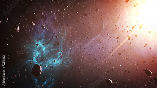 Asteroids flying in deep blue space and sun flare.
Beautiful Nebula and sun with many asteroids, 4K, 2023
