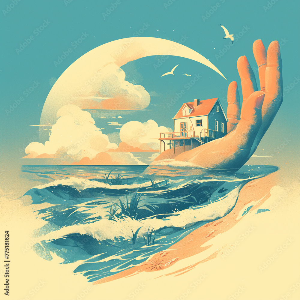 A minimalistic illustration of a hand holding a key and a beach house symbol in serene blues and sandy tones A minimalistic illustration of a hand holding a key and a beach house symbol in serene blues and sandy tones