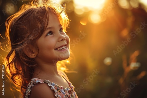 Portrait of a cute little girl in a field at sunset.