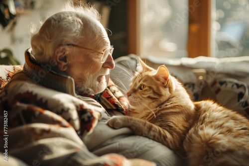 An eldery man with his cat at home, people and their pets concept photo