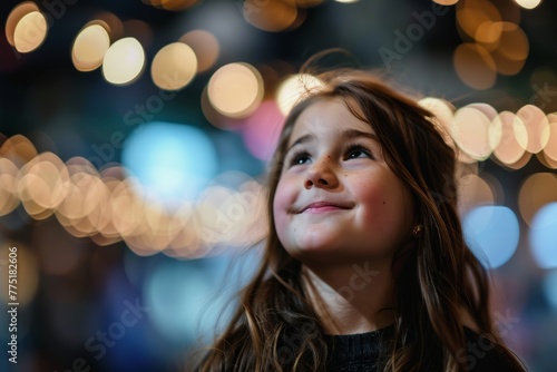Portrait of a beautiful little girl on a background of bokeh lights