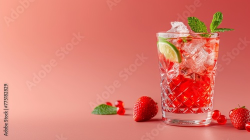 Glass Filled With Ice and Strawberries on Pink Background