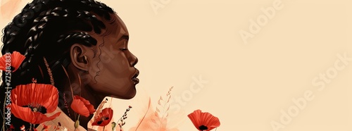 African American girl with braids, poppy flowers, using a brown and beige color palette, 