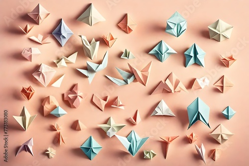 A collection of delicate, pastel-colored origami figures on a soft, pastel peach background with a subtle gradient effect